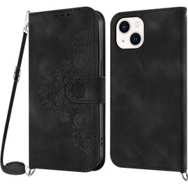 Kal-Coque Pour Iphone 13 Mini Avec Cordon, Etui Pour Iphone 13 Mini (5,4 Pouces) Avec Cordon Collier, Cuir Flip Portefeuille, Housse Case Etui Avec [Bandoulière Réglable] Lanyard Cover (Noir)