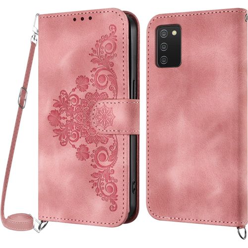 Kal-Coque Pour Samsung Galaxy A03s Avec Cordon, Etui Pour Samsung A03s Avec Cordon Collier, Etui Portefeuille Protection Housse En Cuir Pu Avec [Bandoulière Réglable] Lanyard Case Cover (Rose)