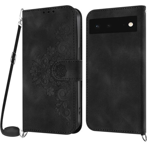 Kal-Coque Pour Google Pixel 6 Avec Cordon, Etui Pour Google Pixel 6 Avec Cordon Collier, Cuir Flip Portefeuille Étui En Cuir, Housse Case Etui Avec [Bandoulière Réglable] Lanyard Case Cover (Noir)