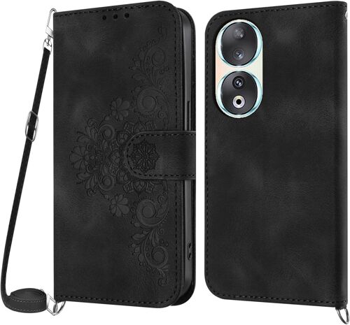 KAL-Coque Pour Huawei Honor 90 5G Avec Cordon, Etui Pour Huawei Honor 90 5G Avec Cordon Collier, Housse En Cuir Pu Avec [Bandoulière Réglable] Lanyard Case Cover (Noir)