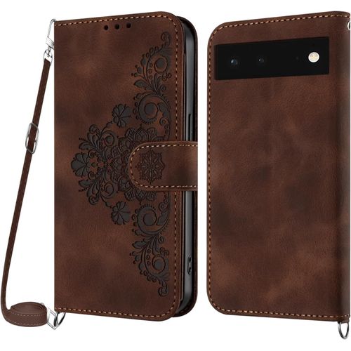 Kal-Coque Pour Google Pixel 6 Avec Cordon, Etui Pour Google Pixel 6 Avec Cordon Collier, Cuir Flip Portefeuille, Housse Case Etui Avec [Bandoulière Réglable] Lanyard Case Cover (Marron)