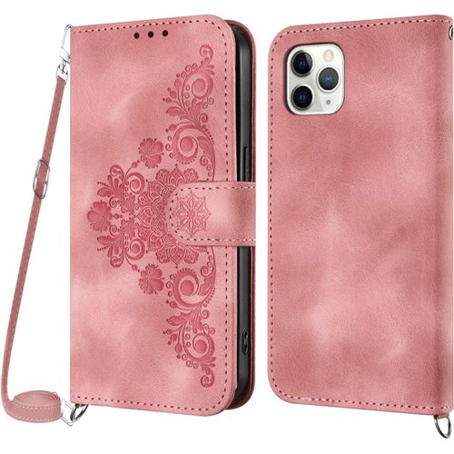 Kal-Coque Pour Iphone 11 Pro Max Avec Cordon, Etui Pour Iphone 11 Pro Max (6,5 Pouces) Avec Cordon Collier, Cuir Portefeuille, Housse Case Etui Avec [Bandoulière Réglable] Lanyard Cover (Rose)