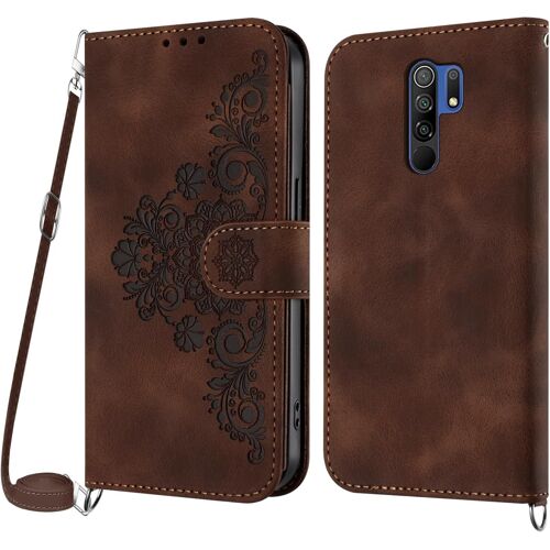 KAL-Coque Pour Xiaomi Redmi 9 Avec Cordon, Etui Pour Xiaomi Redmi 9 Avec Cordon Collier, Etui Portefeuille Protection Housse En Cuir Pu Avec [Bandoulière Réglable] Lanyard Case Cover (Marron)