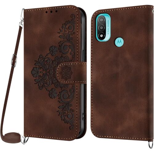 KAL-Coque Pour Motorola Moto E20 / Moto E30 / E40 Avec Cordon, Etui Avec Cordon Collier, Etui Portefeuille Protection Housse En Cuir Pu Avec [Bandoulière Réglable] Lanyard Case Cover (Marron)