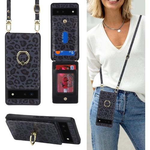 KAL-Coque Google Pixel 6 Avec Cordon Rfid Porte Carte Portefeuille Étui Google Pixel 6 Avec Cordon Anneau Telephone Portable Réglable Collier Housse Etui Pour Femmes - Imprimé Léopard Noir