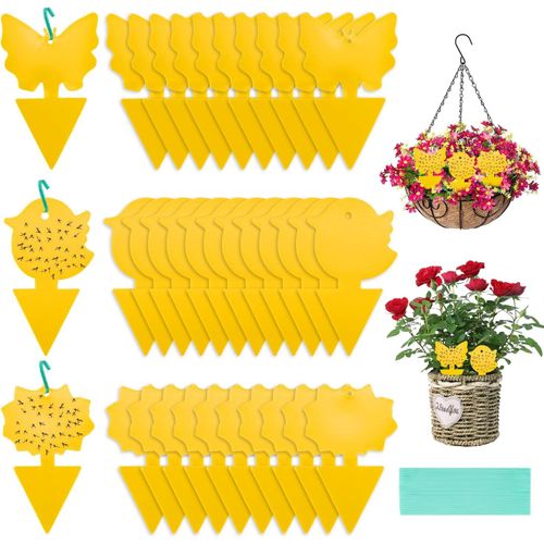 MAA-Anti Moucherons Interieur Pièges à Insectes 60 Pcs Anti Moucherons Plantes Interieur Pièges Engluées Autocollants Colle Double-Face Étanche Jaunes avec Trou et 60 Corde pour Jardin, Arbres Fruiti