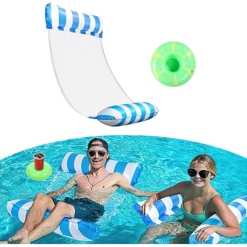 Hamac Piscine, 1 Pièces Matelas Gonflable Piscine Durable, Matelas Piscine Filet Avec 1 Porte-Gobelet Gonflable, Hamac Gonflable Facile À Transporter, Pour Adultes Et Enfants (Bleu)