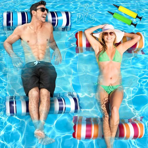 KALANKA-2Pcs Flottant Hamac Gonflable, 4 in 1 Matelas Filet Piscine Gonflable, Matelas Piscine, Matelas Gonflable Piscine, Hamac d¿Eau Plage Portable avec 2 Pompe à Air Manuelle pour Plage, Partie