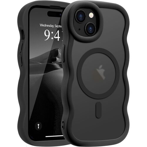 SJZG-Coque Magnétique Pour Iphone 15 [Compatible Avec Magsafe] Translucide Mat Cadre Vague Bouclée Coque De Téléphone Slim Fit Antichoc Housse De Protection Pour Homme Et Femme-Noir
