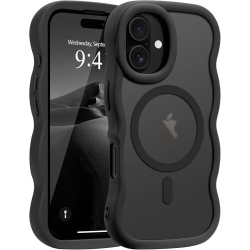 TRAHOO-Coque Magnétique pour iPhone 16 Plus [Compatible avec Magsafe] Translucide Mat Cadre Vague Bouclée Coque de Téléphone Slim Fit Antichoc Housse de Protection pour Homme et Femme-Noir