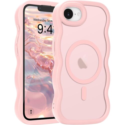 TRAHOO-Coque Magnétique pour iPhone 16e [Compatible avec Magsafe] Translucide Mat Cadre Vague Bouclée Coque de Téléphone Slim Fit Antichoc Housse de Protection pour Homme et Femme-Rose