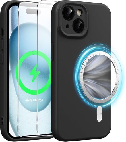 KALANKA-Coque Magnétique en Silicone Liquide pour iPhone 15 6,1 Pouces avec 2 Pièces Verre Trempé, Compatible avec MagSafe Aimants Intégrés, Étui Housse Antichoc Anti-Rayures Case pour iPhone 15, Noi