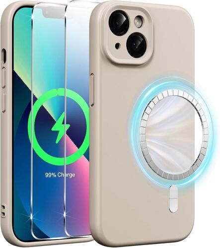 TRAHOO-Coque Magnétique en Silicone Liquide pour iPhone 13 6,1 Pouces avec 2 Pièces Verre Trempé, Compatible avec MagSafe Aimants Intégrés, Étui Housse Antichoc Anti-Rayures Case pour iPhone 13, Gris