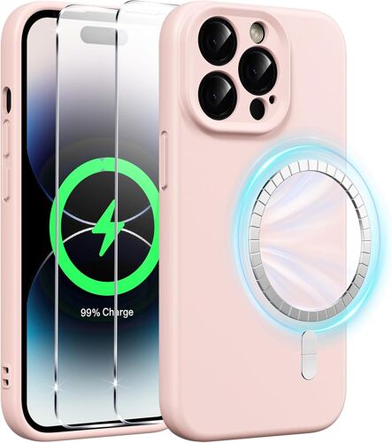 TRAHOO-Coque Magnétique en Silicone pour iPhone 14 Pro 6,1 Pouces avec 2 Verre Trempé, Compatible avec MagSafe Aimants Intégrés, Étui Housse Antichoc Anti-Rayures Case pour iPhone 14 Pro, Rose