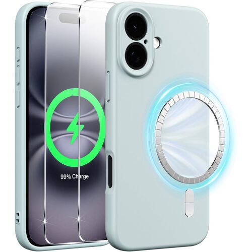 KALANKA-Coque Magn¿¿tique en Silicone pour iPhone 16 6,1 Pouces avec 2 Verre Tremp¿¿, Compatible avec MagSafe Aimants Int¿¿gr¿¿s, ¿¿tui Housse Antichoc Anti-Rayures Case pour iPhone 16, Bleu