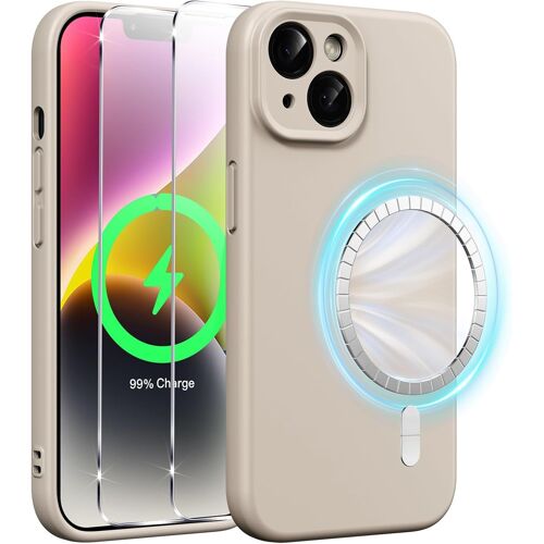 TRAHOO-Coque Magnétique en Silicone Liquide pour iPhone 14 6,1 Pouces avec 2 Pièces Verre Trempé, Compatible avec MagSafe Aimants Intégrés, Étui Housse Antichoc Anti-Rayures Case pour iPhone 14, Gris
