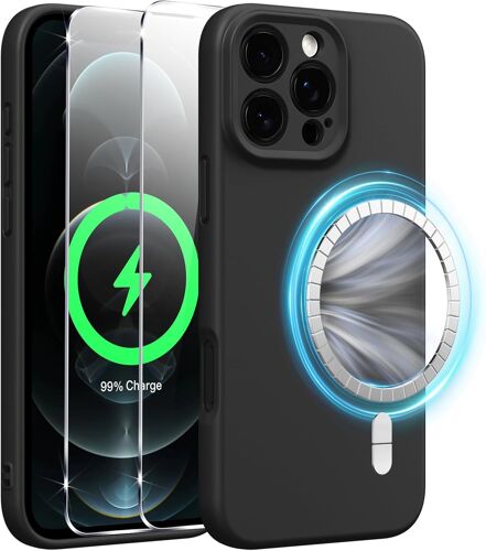 TRAHOO-Coque Magnétique en Silicone pour iPhone 12 Pro 6,1 Pouces avec 2 Verre Trempé, Compatible avec MagSafe Aimants Intégrés, Étui Housse Antichoc Anti-Rayures Case pour iPhone 12 Pro, Noir