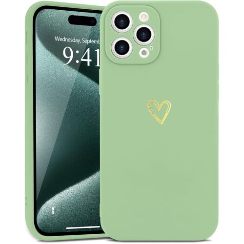 Coque Compatible avec iPhone 15 Pro Max Antichoc Coque Silicone TPU avec Motif Coeur d'amour Dor¿¿ Mignon ?tui Protection Compl¿¿te Souple pour iPhone 15 Pro Max 6,7 Pouces (Vert Matcha)