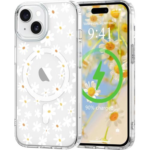 Tea-Coque Magnétique Pour Iphone 15 Plus Compatible Avec Magsafe Motif Floral Fine Résistante Aux Chocs Et Aux Rayures Transparent Coque De Protection Pour Iphone 15 Plus Blanc
