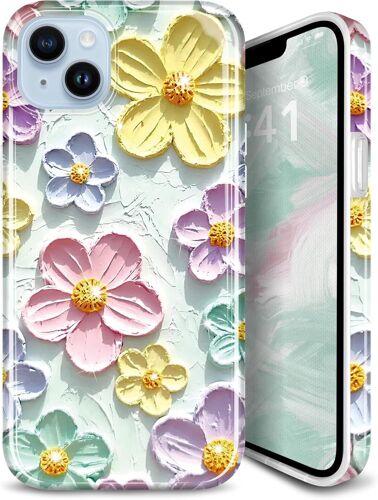 KALANKA-Coque pour iPhone 14 iPhone 13 Paillettes Rétro Peinture à l'huile Imprimé Fleur Motif Mince Antichoc Protection TPU Silicone Souple Coque de Téléphone Case Phone Case Menthe Coloré