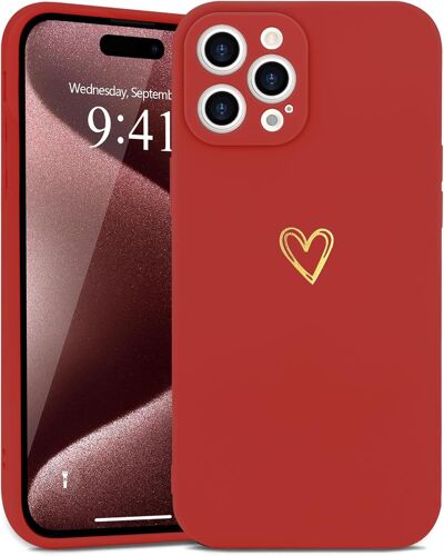 KAL-Coque Compatible Avec Iphone 15 Pro Max Antichoc Coque Silicone Tpu Avec Motif Coeur D'Amour Doré Mignon Étui Protection Complète Souple Pour Iphone 15 Pro Max 6,7 Pouces (Rouge Vif)