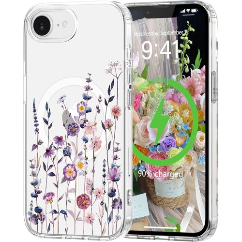 SJZG-Coque Magnétique Pour Iphone 16E Compatible Avec Magsafe Motif Floral Fine Résistante Aux Chocs Et Aux Rayures Transparent Coque De Protection Pour Iphone 16E Coloré