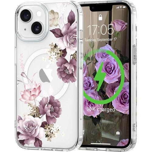Tea-Coque Magnétique Pour Iphone 14/13 Compatible Avec Magsafe Motif Floral Fine Résistante Aux Chocs Et Aux Rayures Transparent Coque De Protection Pour Iphone 14/13 Pourpre
