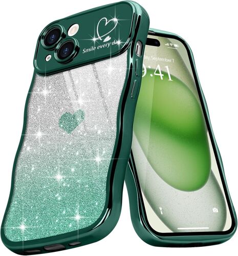KAL-Coque De Téléphone Bouclée Avec Motif Coeur Mignon Pour Iphone 15, Cadre Ondulé À Paillettes Pour Filles Et Femmes En Tpu Souple Pour Iphone 15, Vert Nuit Foncé