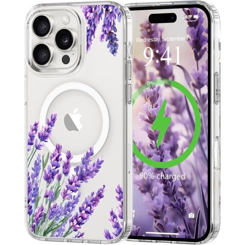 TRAHOO-Coque Magnétique pour iPhone 16 Pro Compatible avec MagSafe Motif Floral Fine Résistante aux Chocs et aux Rayures Transparent Coque de Protection pour iPhone 16 Pro Violet