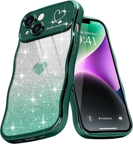 CHENG-Coque de téléphone bouclée avec Motif coeur Mignon pour iPhone 14, Cadre ondulé à Paillettes pour Filles et Femmes en TPU Souple pour iPhone 14, Vert Nuit Foncé