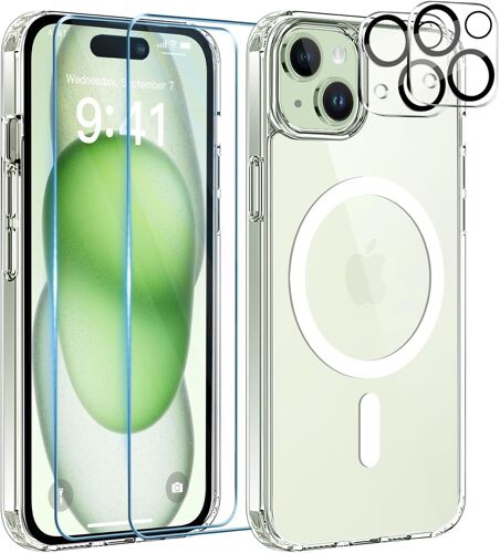 KALANKA-5 in 1 Coque pour iPhone 15 Aimantée avec 2 Verres Trempés et 2 Caméra Protecteur, Compatible MagSafe Dos Anti Rayures Coque Magnétique Antichoc TPU Bumper 6,1¿¿ Case (Transparent)