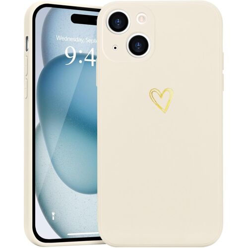 KAL-Coque Compatible Avec Iphone 15 Antichoc Coque Silicone Tpu Avec Motif Coeur D'Amour Doré Mignon Étui Protection Complète Souple Pour Iphone 15 6,1 Pouces (Blanc)