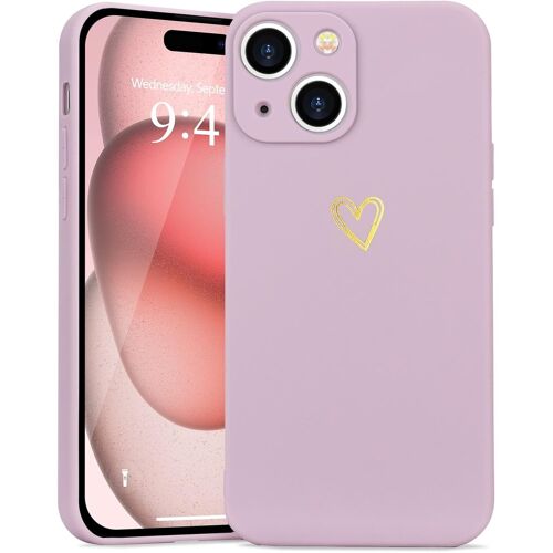 KAL-Coque Compatible Avec Iphone 15 Antichoc Coque Silicone Tpu Avec Motif Coeur D'Amour Doré Mignon Étui Protection Complète Souple Pour Iphone 15 6,1 Pouces (Violet)