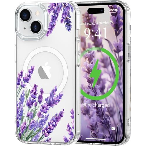 SJZG-Coque Magnétique Pour Iphone 15 Compatible Avec Magsafe Motif Floral Fine Résistante Aux Chocs Et Aux Rayures Transparent Coque De Protection Pour Iphone 15 Violet