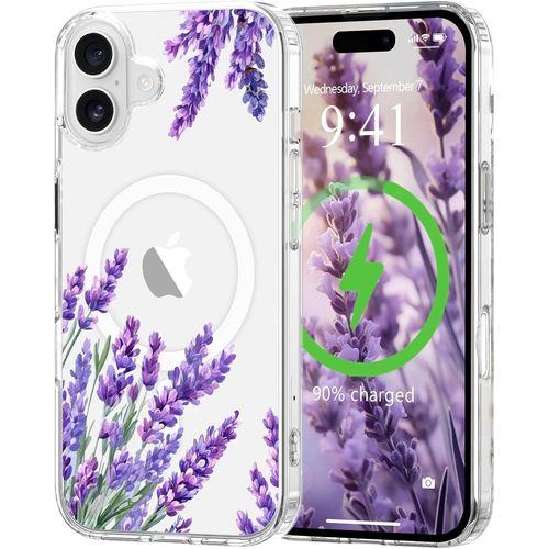 Tea-Coque Magnétique Pour Iphone 16 Plus Compatible Avec Magsafe Motif Floral Fine Résistante Aux Chocs Et Aux Rayures Transparent Coque De Protection Pour Iphone 16 Plus Violet