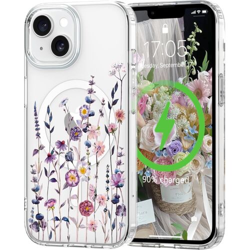 SJZG-Coque Magnétique Pour Iphone 14/13 Compatible Avec Magsafe Motif Floral Fine Résistante Aux Chocs Et Aux Rayures Transparent Coque De Protection Pour Iphone 14/13 Coloré
