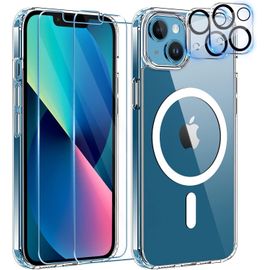 5 in 1 Coque pour iPhone 13 Aimantée avec 2 Verres Trempés et 2 Caméra Protecteur Compatible MagSafe Dos Anti Rayures Coque Magnétique Antichoc TPU Bumper 6,1¿¿ Case(Transparent)(Q2)