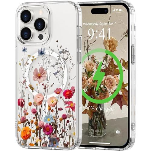 Tea-Coque Magnétique Pour Iphone 15 Pro Compatible Avec Magsafe Motif Floral Fine Résistante Aux Chocs Et Aux Rayures Transparent Coque De Protection Pour Iphone 15 Pro Rouge