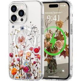 TRAHOO-Coque Magnétique pour iPhone 14 Pro Compatible avec MagSafe Motif Floral Fine Résistante aux Chocs et aux Rayures Transparent Coque de Protection pour iPhone 14 Pro Rouge