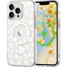 TRAHOO-Coque Magnétique pour iPhone 14 Pro Compatible avec MagSafe Motif Floral Fine Résistante aux Chocs et aux Rayures Transparent Coque de Protection pour iPhone 14 Pro Blanc