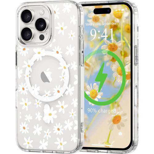 Tea-Coque Magnétique Pour Iphone 16 Pro Max Compatible Avec Magsafe Motif Floral Fine Résistante Aux Chocs Et Aux Rayures Transparent Coque De Protection Pour Iphone 16 Pro Max Blanc