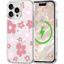 TRAHOO-Coque Magnétique pour iPhone 15 Pro Max Compatible avec MagSafe Motif Floral Fine Résistante aux Chocs et aux Rayures Transparent Coque de Protection pour iPhone 15 Pro Max Rose