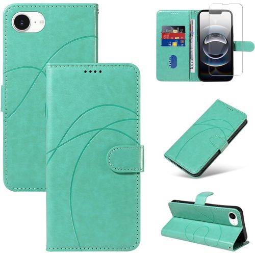 Brs-Coque Compatible Avec Iphone 16e 6.1 Pouces 2025 Avec 1 Pièce Protection Écran En Verre Trempé, Housse Pu Cuir À Rabat Flip, Étui Support Et Portefeuille Fonction (Vert)