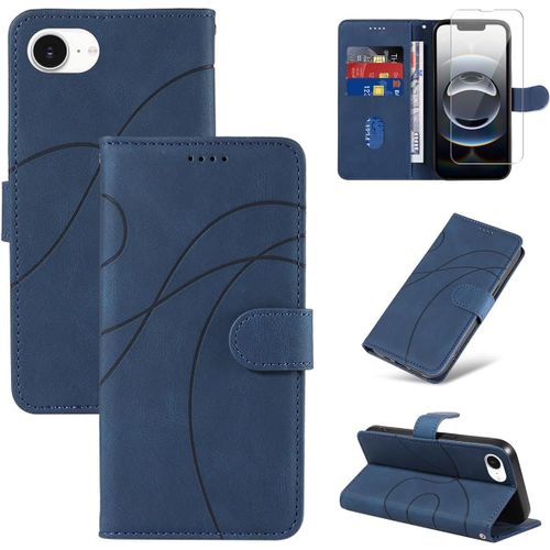 Pps-Coque Compatible Avec Iphone 16e 6.1 Pouces 2025 Avec 1 Pièce Protection Écran En Verre Trempé, Housse Pu Cuir À Rabat Flip, Étui Support Et Portefeuille Fonction (Bleu)