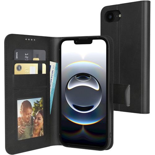 Brs-Étui À Rabat Pour Iphone 16e - Avec Protection De L'appareil Photo - Fermeture Magnétique - Support - Style Vintage - Avec Compartiment Pour Cartes - Fenêtre De Visualisation - Noir
