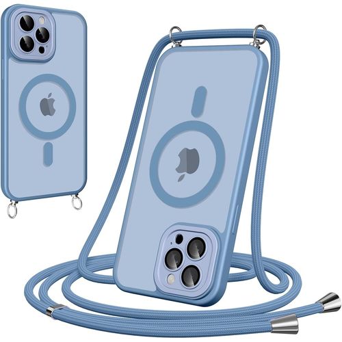 Maa-Coque Magnétique Pour Iphone 11 Pro Max Avec Cordon, [Compatible Avec Magsafe] Etui Translucide Mat Arrière Anti-Jaunissement Antichoc Réglable Portable Lanyard Case Protection, Bleu Clair
