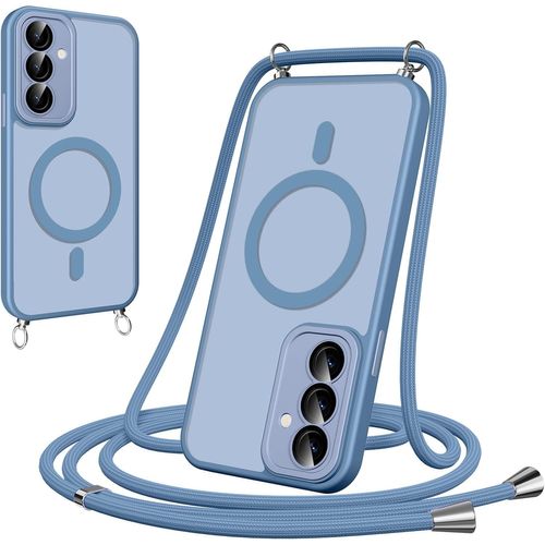 Coque Magnétique Pour Samsung Galaxy S25 Plus/S25+ Avec Cordon, [Compatible Avec Magsafe] Etui Translucide Mat Arrière Antichoc Réglable Portable Lanyard Case Protection, Bleu Clair
