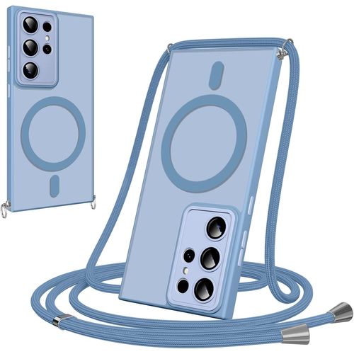 Coque Magnétique Pour Samsung Galaxy S23 Ultra Avec Cordon, [Compatible Avec Magsafe] Etui Translucide Mat Arrière Antichoc Réglable Portable Lanyard Case Protection, Bleu Clair[Car781967]