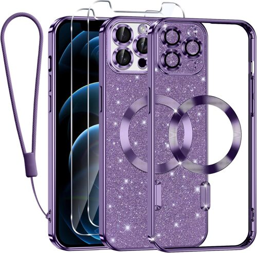 SJZG-Glitter Magnétique Pour Iphone 12 Pro Max Con Cordon, [Compatible Avec Magsafe] Antichoc Brillant Pailleté Housse Souple Couqe Pour Iphone 12 Pro Max Avec 2 Pièces Verre Trempé Étui, Violet