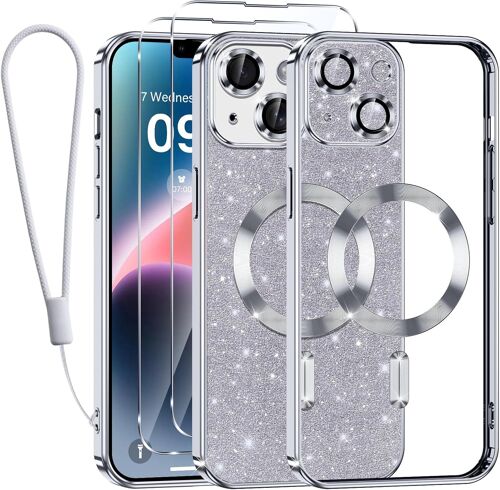 SJZG-Magnétique Coque Pour Iphone 14 Plus 6,7"" Avec Paillettes,[Compatible Avec Magsafe],Avec 2* Verre Trempé Et 1* Chaîne Téléphone,Transparent Glitter Housse Pour Filles Féminines,Argenté
